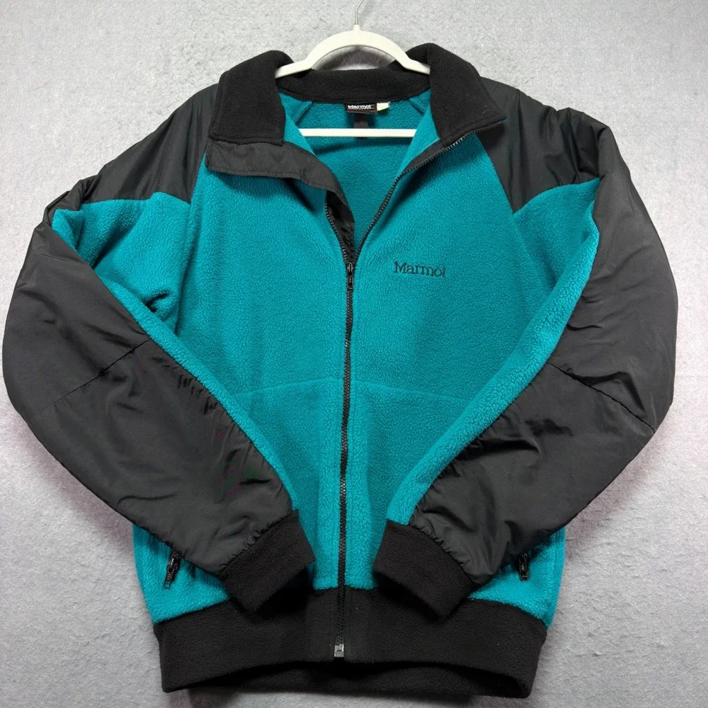 Marmot Mens Full Zip Fleece Jacket Teal Black Colorblock Pit Zips Mock Neck L
